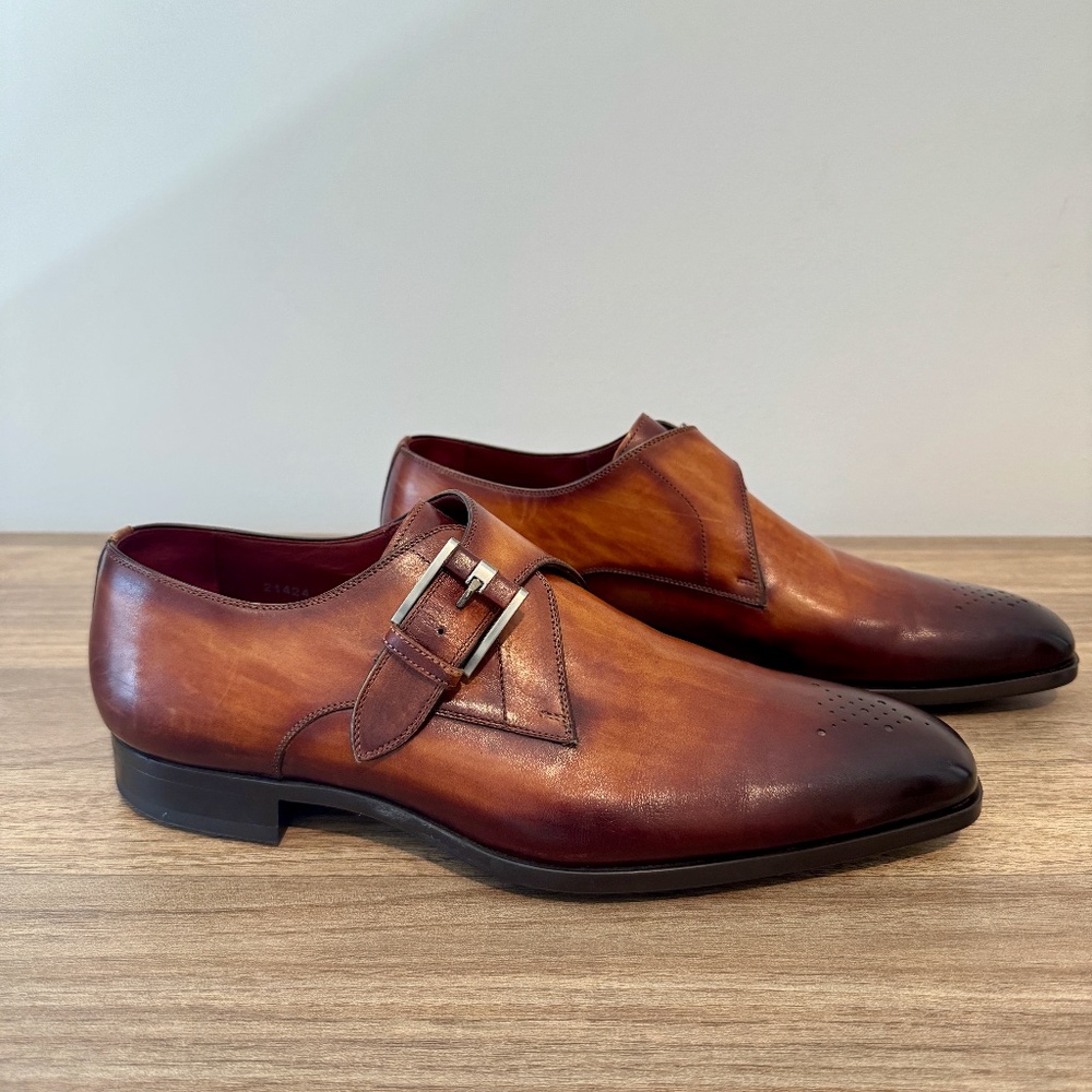 Magnanni Men's Artisan Monk Strap Dress Shoes – Burnished Cognac with Perforated